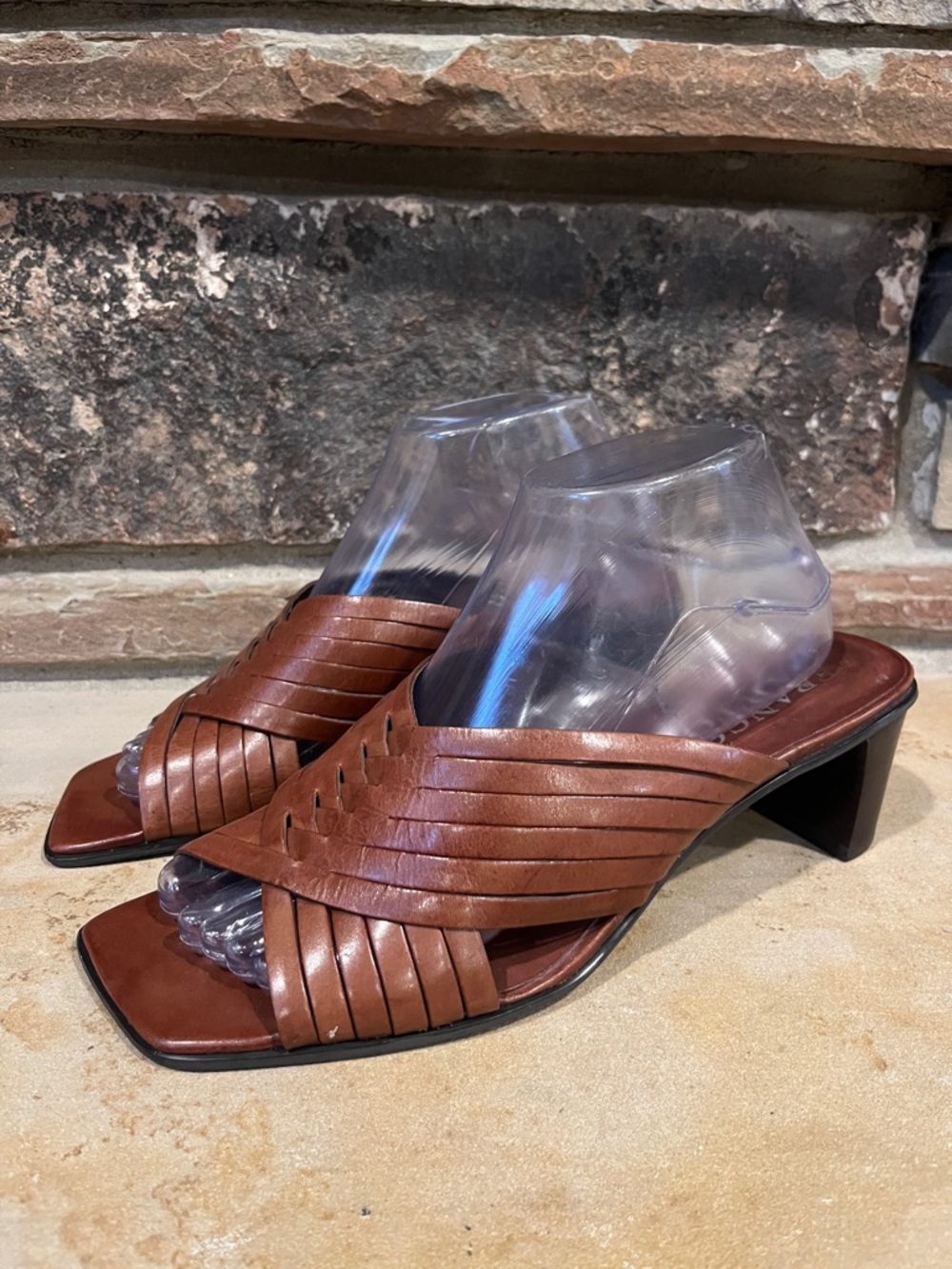 Franco Sarto Brown Woven Leather Square-Toe Slide Heels